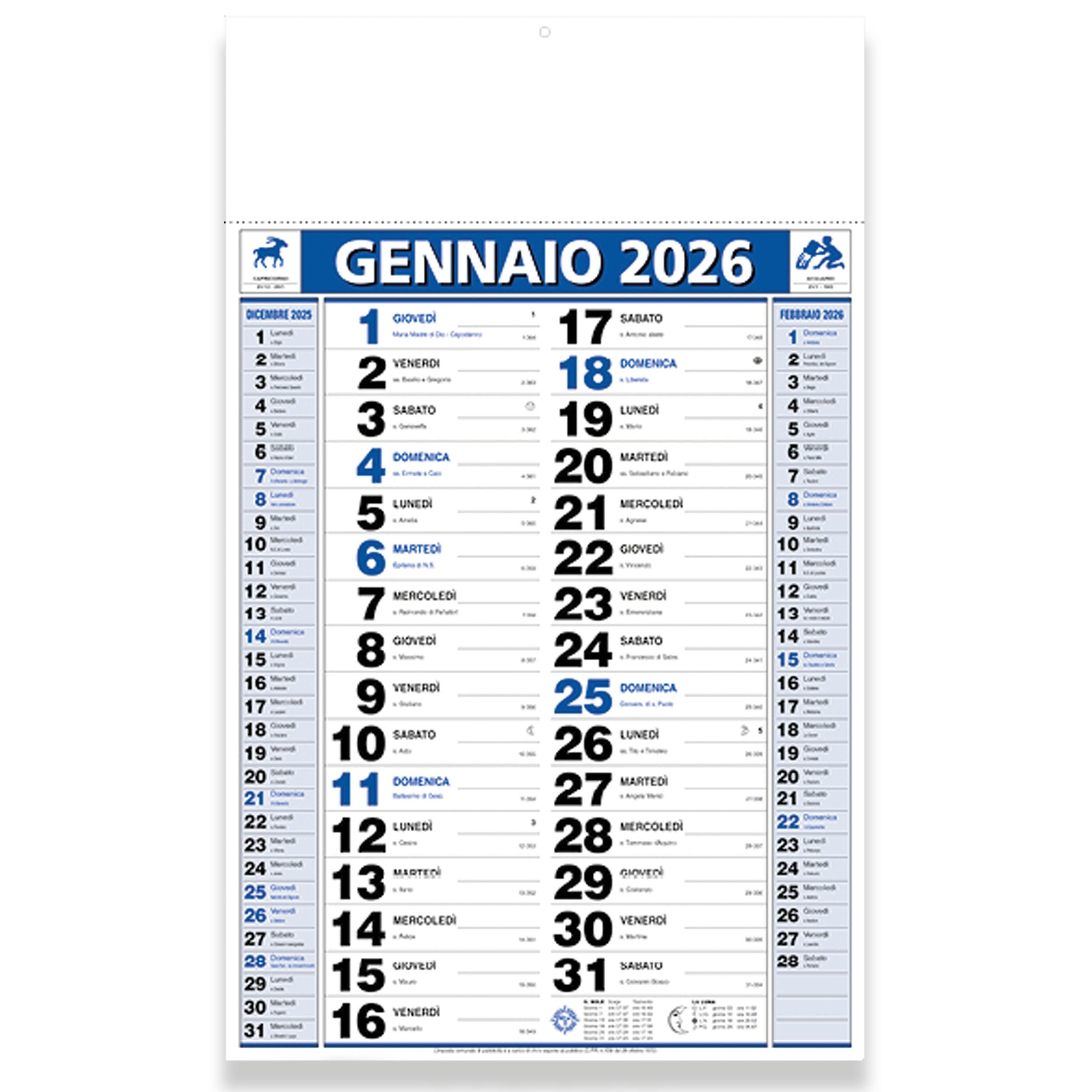 Calendario 2026 da muro mensile bicolore, 12 fogli, su carta patinata, termosaldato - 26D061