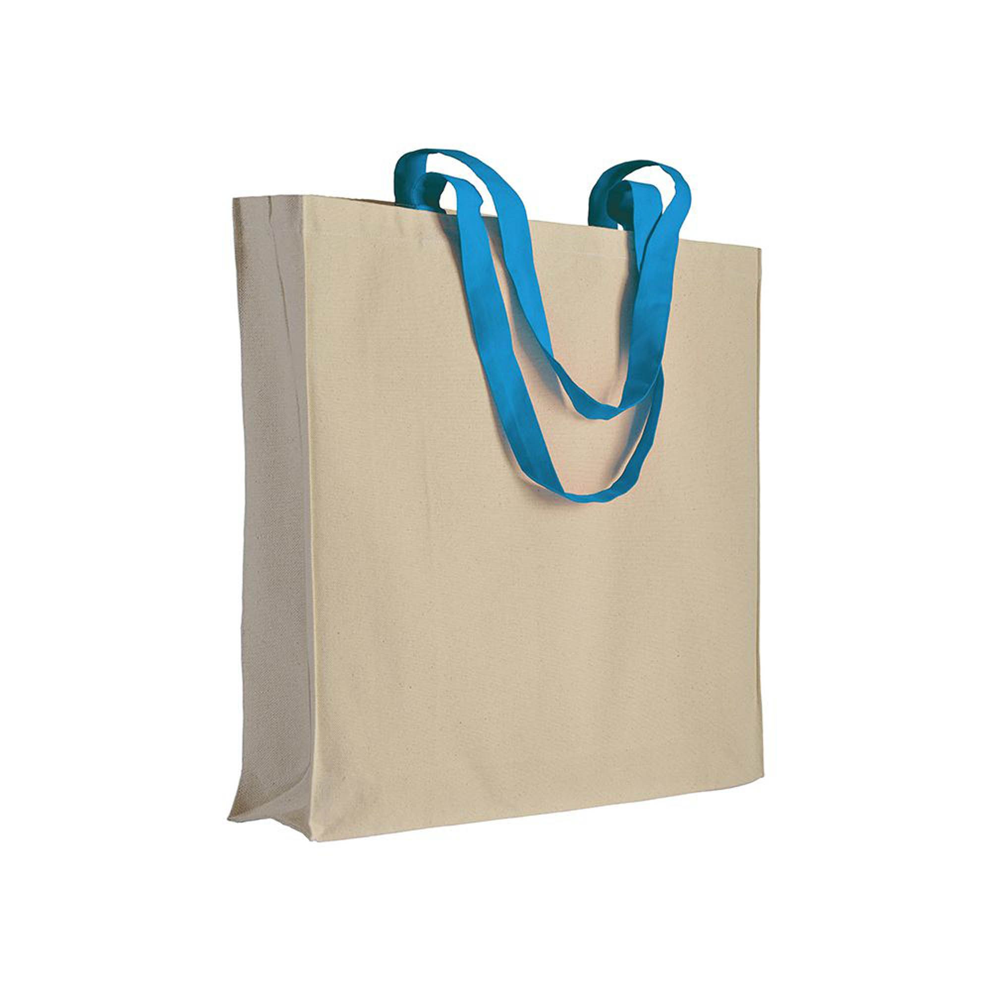 Shopper con soffietto in cotone naturale 220 g/m2, manici lunghi colorati - 17107