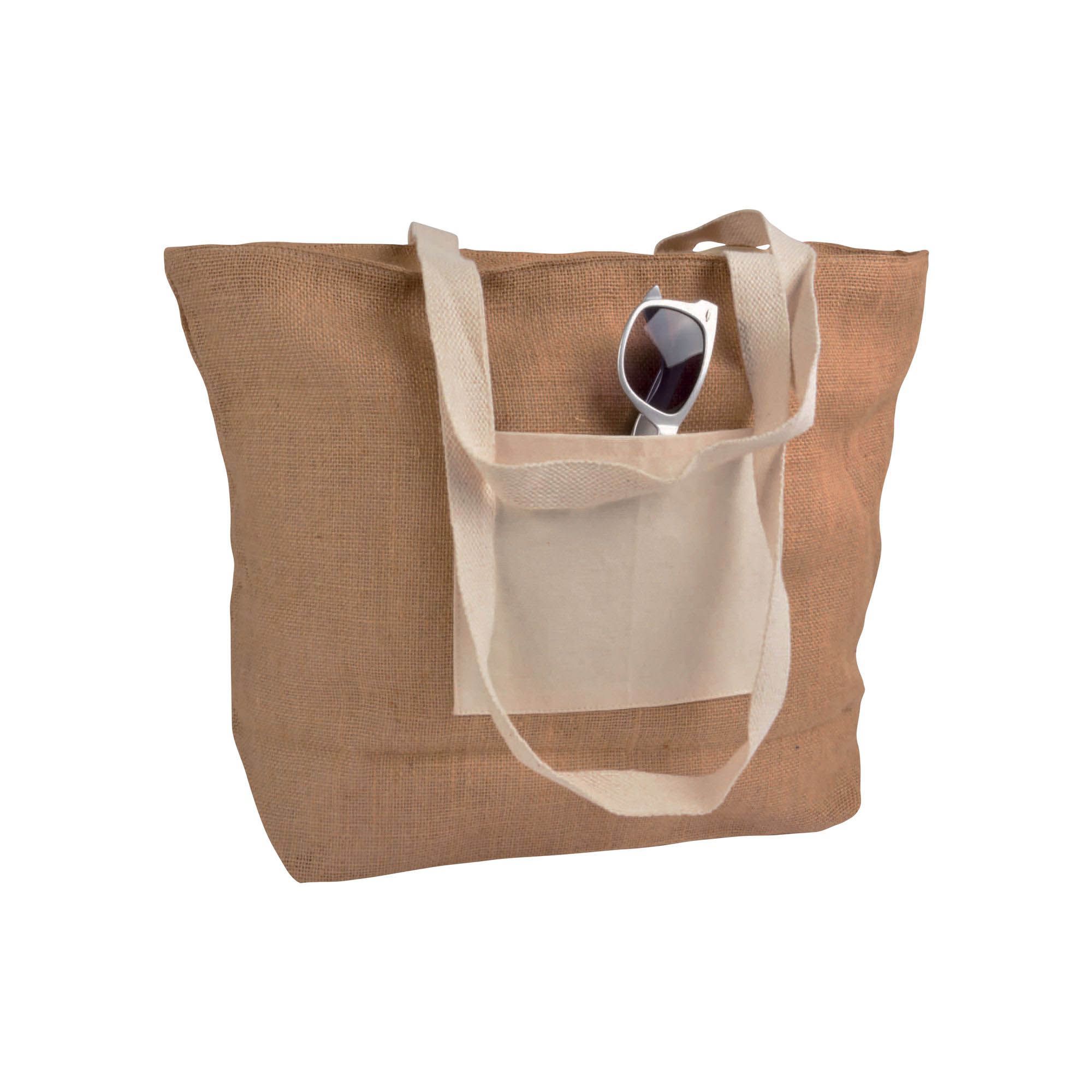 Shopper con soffietto alla base in juta con manici e tasca esterna (18 x 15 cm) in cotone - 09149