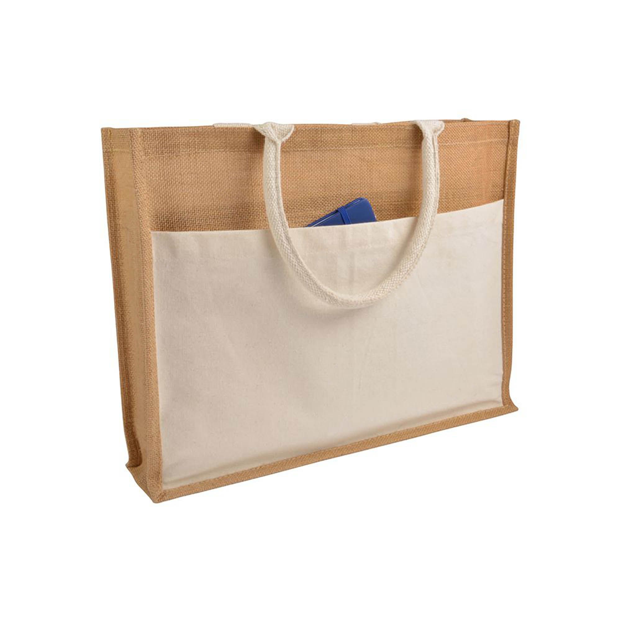 Shopper con soffietto in Juta con interno cerato, manici e  tasca esterna in cotone - 0915022