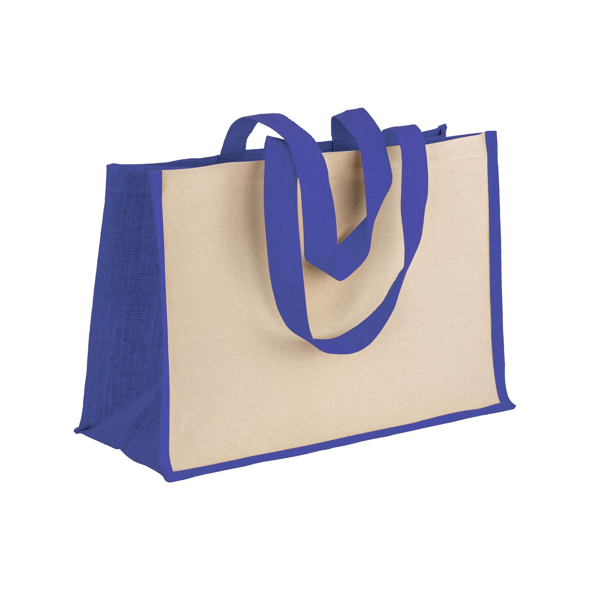 Shopper in cotone 280 g/m2 con soffietto dettagli in juta, manici lunghi - 22125