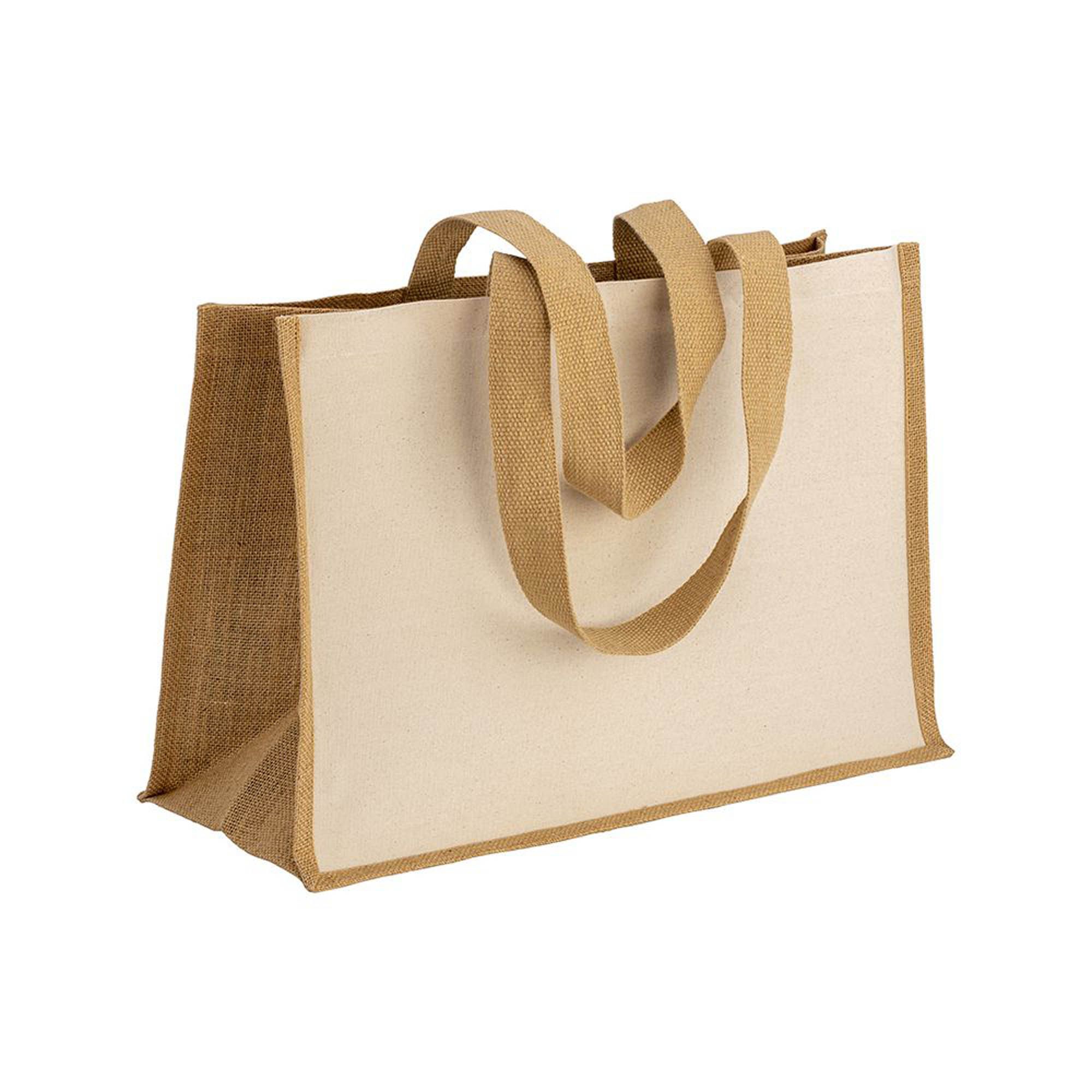 Shopper in cotone 280 g/m2 con soffietto, retro, manici e orlo in juta, manici lunghi - 2212522