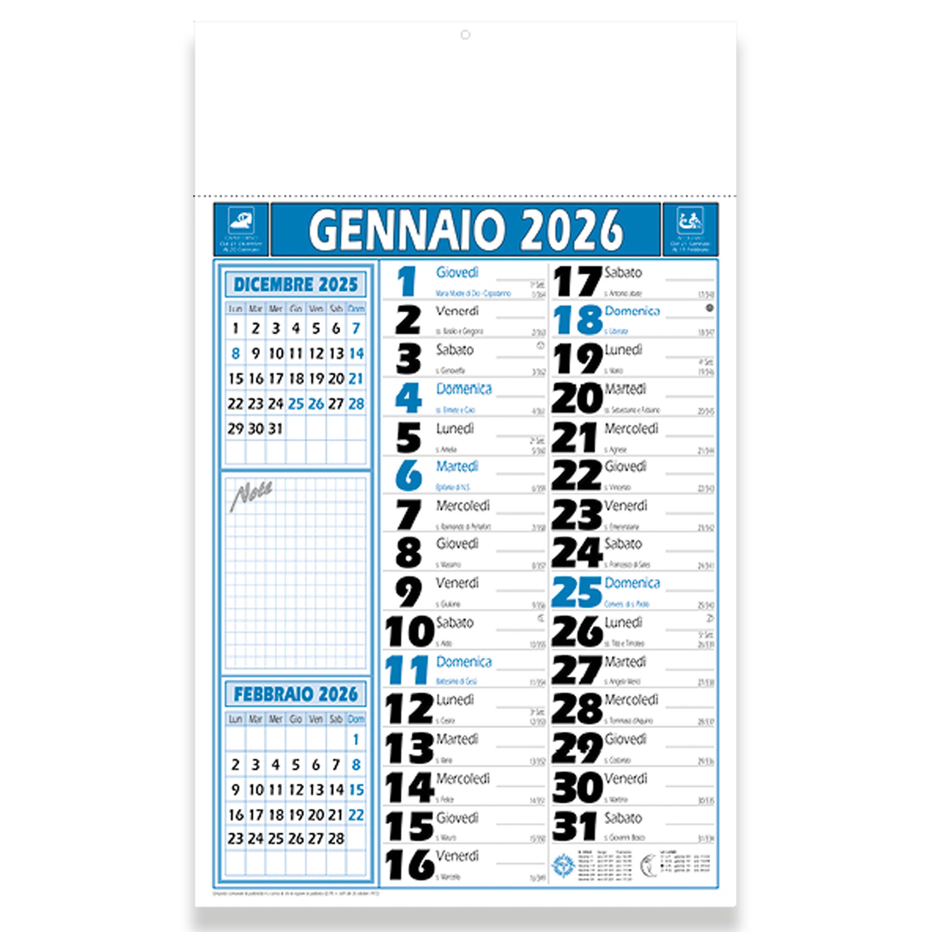 Calendario 2026 da muro mensile bicolore, 12 fogli, su carta patinata, termosaldato - 26D077