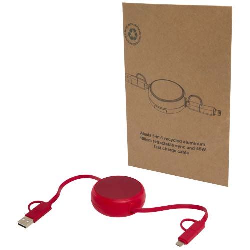 Cavo retrattile 5 in 1 da 100 cm in plastica riciclata e alluminio per la sincronizzazione dei dati e la ricarica rapida da 45 W Alasia