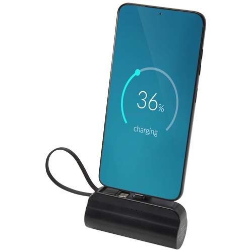 Power bank Tipo-C da 5.000 mAh e 10 W in plastica riciclata con supporto ribaltabile integrato e cavo 2 in 1 Alnair