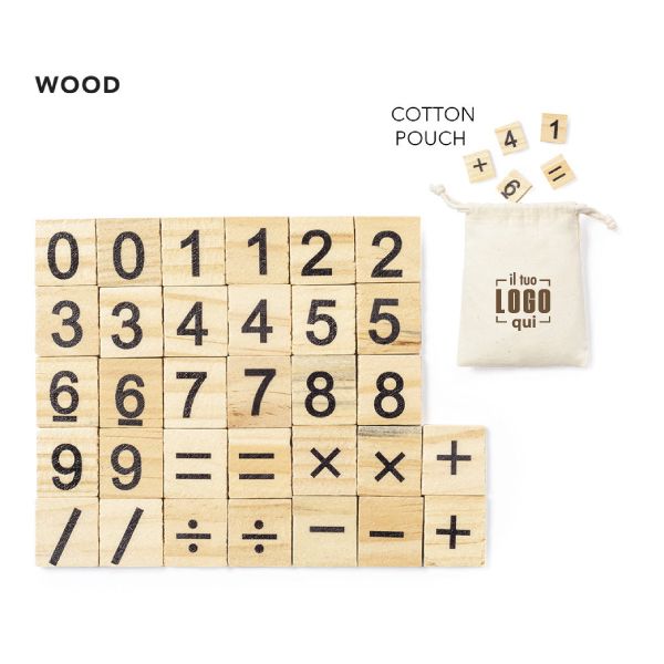 Gioco di Matematica in Legno in Sacchetto di Cotone Personalizzato Ideale come Gadget  per Feste o Eventi
