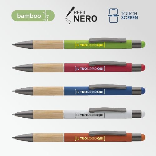 Penna touch in metallo con bamboo e finitura gommata | Personalizzata