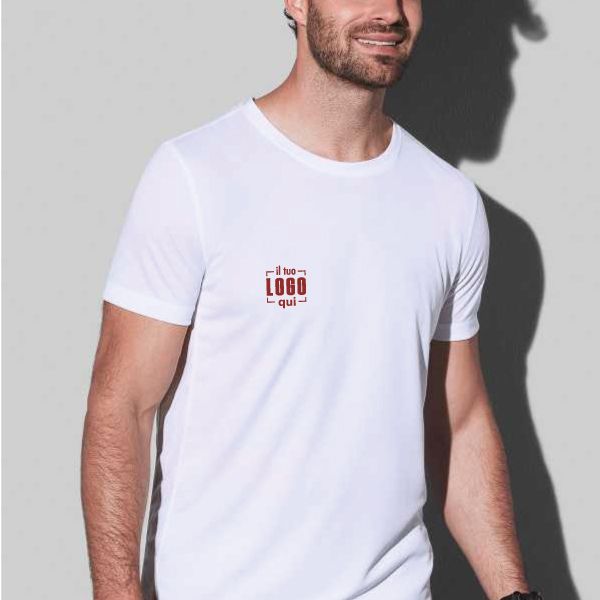 Maglia Manica Corta Uomo Bianca in Poliestere con Parasudore in Contrasto Personalizzata Perfetta come Articolo Promozionale per Fiere, Marketing