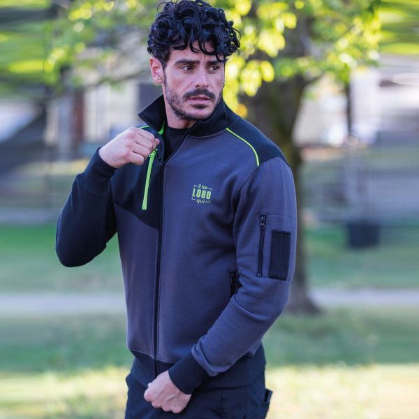 Felpa Bicolore in Cotone e Poliestere Collo a Lupetto, Full Zip, Dettagli Fluo e Multitasche Perfetta come Capo da Lavoro-Felpa Indianapolis