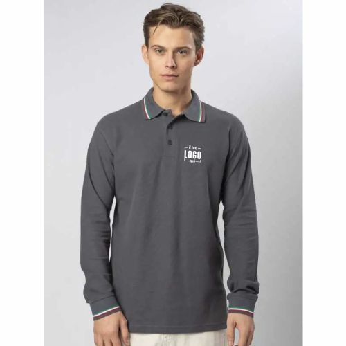 Polo Uomo Manica Lunga in Cotone Piquè, 3 Bottoni e Bordature Tricolore Personalizzata Ideale come Capo Promozionale-Italy L/S