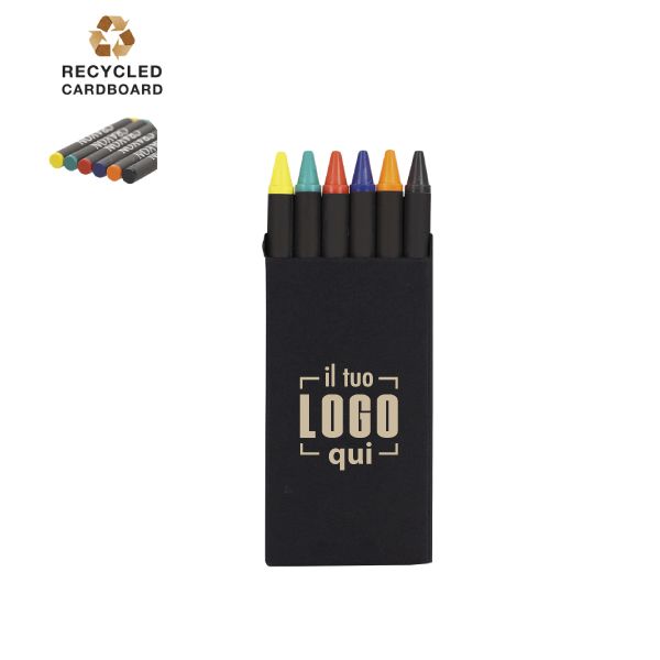 Scatolina Nera in Cartone Riciclato con 6 Colori a Cera Personalizzata Perfetta come Articolo Promozionale- VESELI