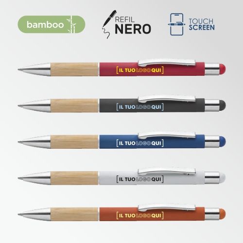Penna touch in bamboo e metallo con finitura gommata | Personalizzata