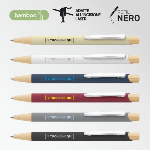 Penna a sfera in metallo soft touch con minuterie in bamboo | Personalizzata