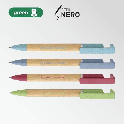 Penna a sfera in bamboo e paglia frumento con supporto smartphone | Personalizzata
