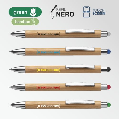 Penna a sfera in bamboo con gommino touch e minuterie cromate  | Personalizzata