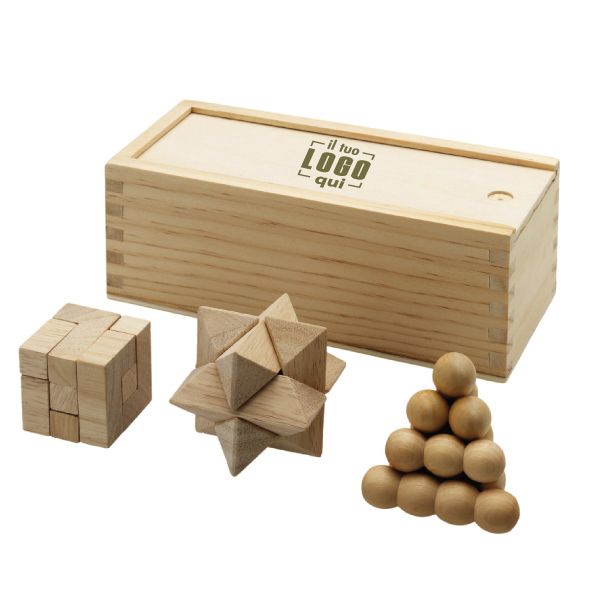 Scatola con 3 Giochi Rompicapo in Legno Personalizzata Perfetta come Omaggio per Eventi, Idea Regalo Sostenibile-Brainiac