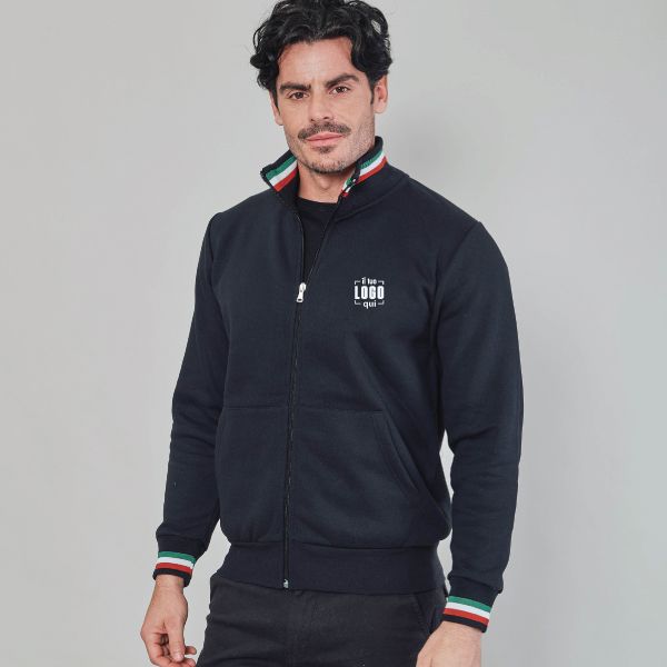 Felpa Uomo Ecologica in Cotone e Poliestere Riciclato Full Zip con Dettagli Tricolore al Collo e sui Polsi Personalizzata-Roma