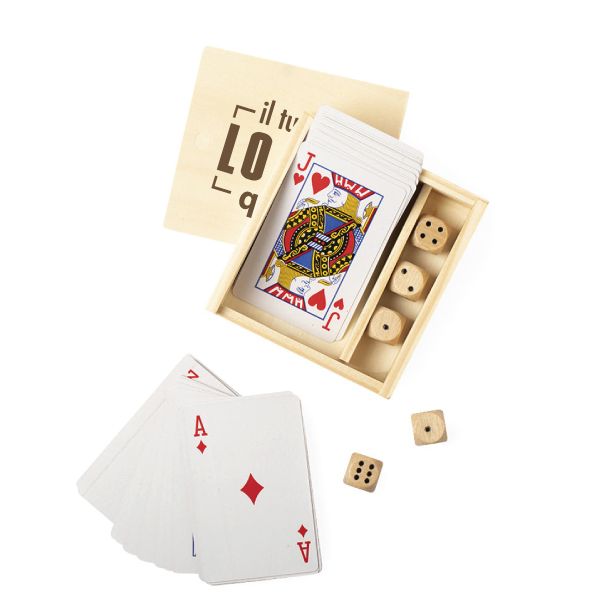 Set Gioco con Carte Francesi e Dadi in Legno in Scatola Personalizzato Ideale come Articolo da Regalo-Pelkat