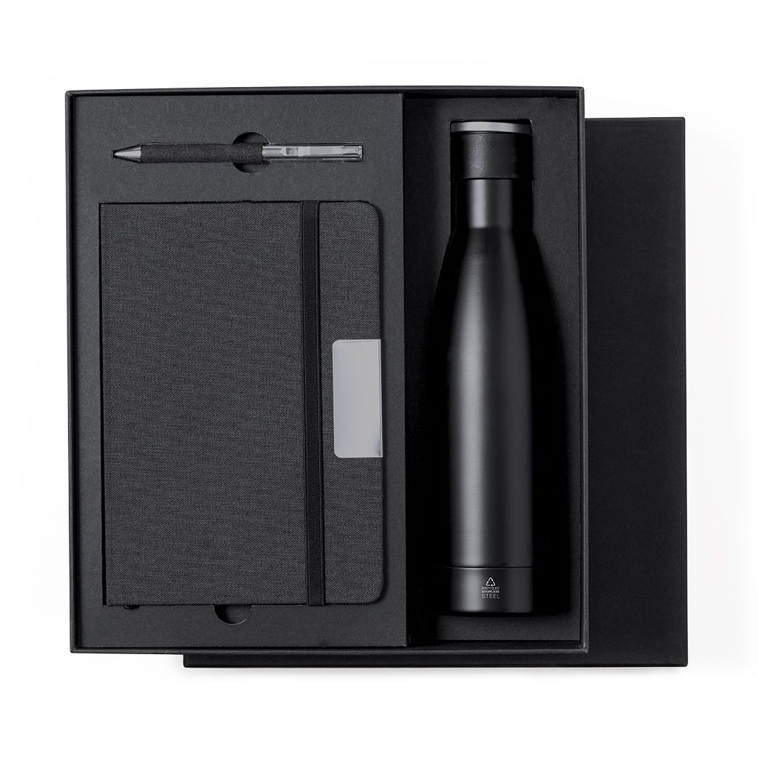 Elegante Set Composto da Thermos in Acciaio Inox, Block Notes e Biro Personalizzabile Perfetto come Idea Regalo