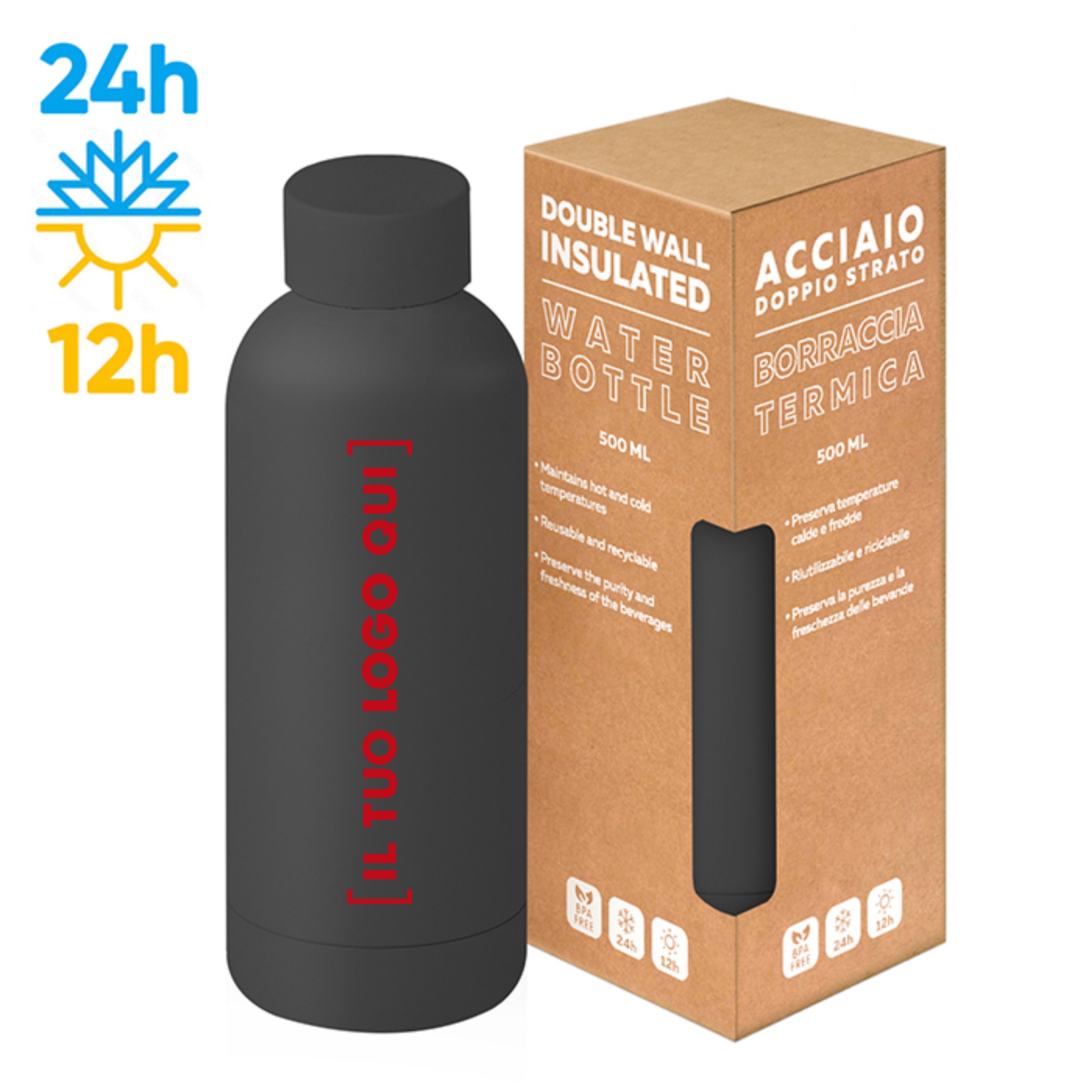 Borraccia Acciaio Inox 500 ml – Doppio Strato Matta | Personalizzata