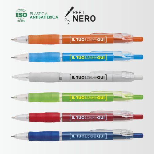 Penna con Grip Colorato | Clip Trasparente | Inchiostro Nero | Personalizzata