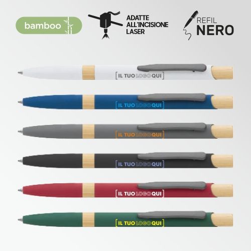 Penna a sfera in metallo con bamboo e soft touch | Personalizzata