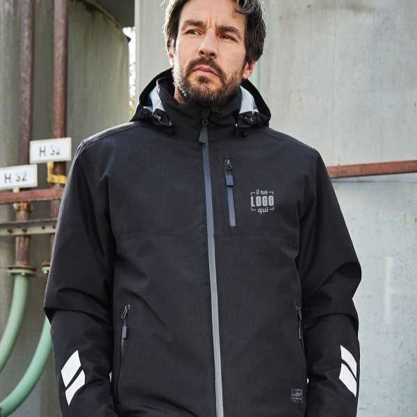 Giacca da Lavoro Antivento, Idrorepellente e Traspirante, Cappuccio Removibile e Dettagli Riflettenti Personalizzato