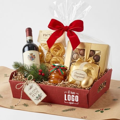 Cesti Natalizi Aziendali Premium con Vino e Panettone Personalizzato