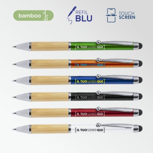 Penna touch in bambù con rotazione e colori metallici | Personalizzata