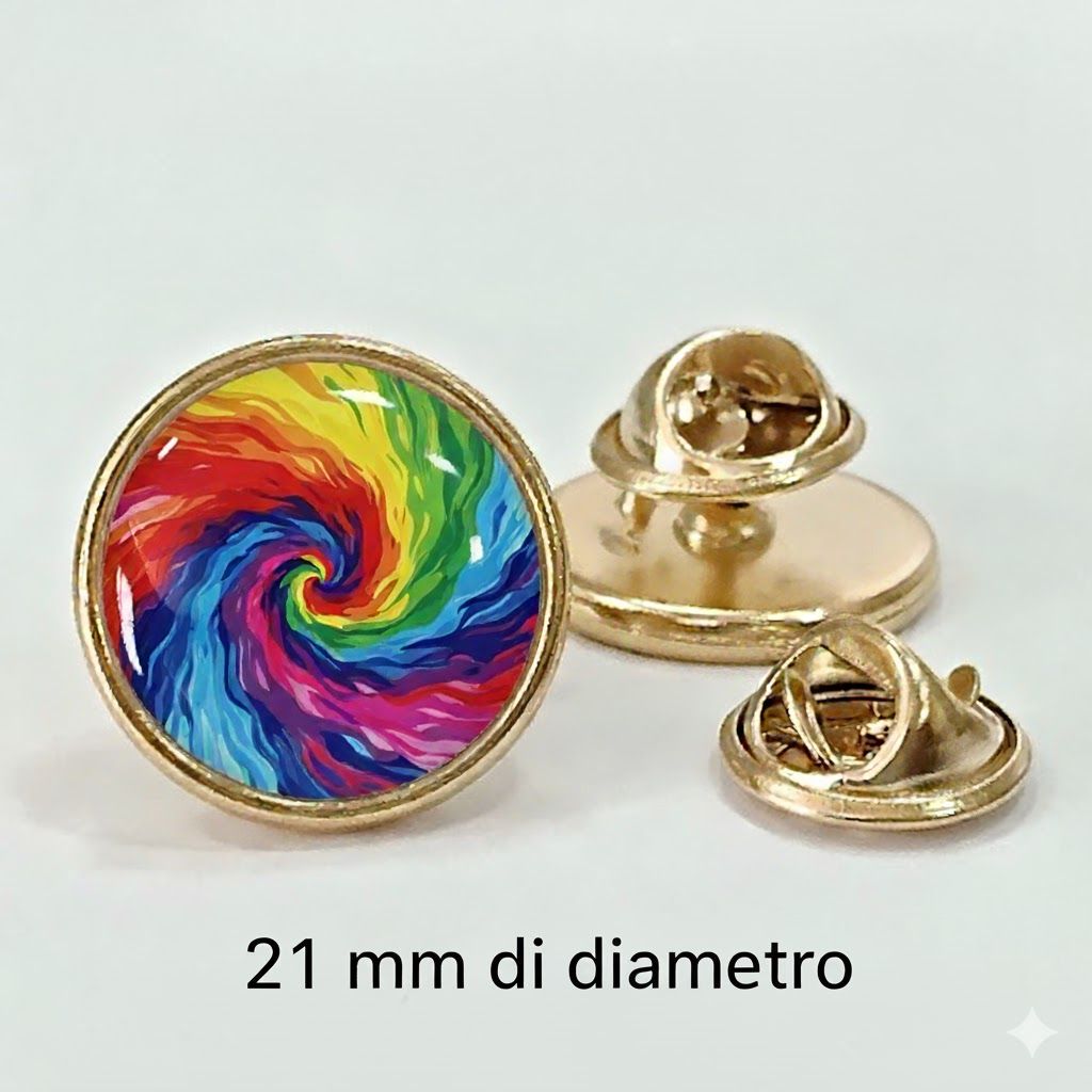 Spille personalizzate full color Ø 21 mm rivestite di resina e pins in metallo