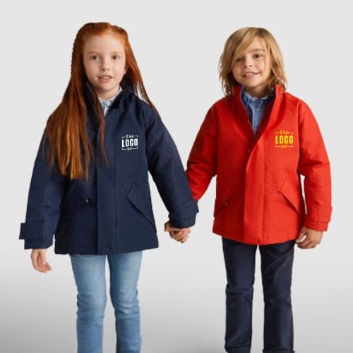 Giacca Impermeabile per Bambini Imbottita Full Zip a Collo Alto e Cappuccio Ripiegabile, Anti Vento Personalizzata Ideale come Articolo Promozionale