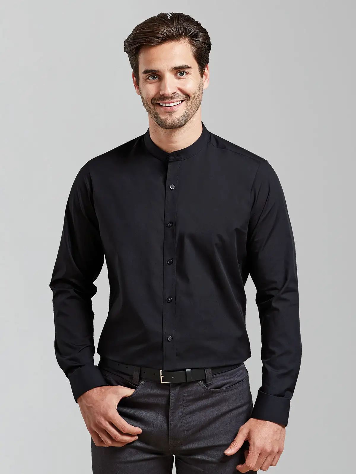 Banded Collar 'Grandad' Long Sleeve Shirt - Premier