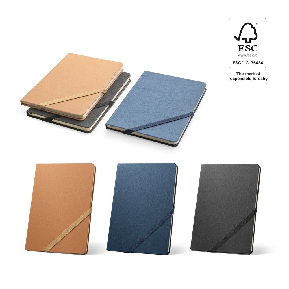 HUXLEY. Block notes A5, realizzato in carta resistente all'acqua, con pagine a righe realizzate in materiale certificato FSC™ e altri materiali controllati
