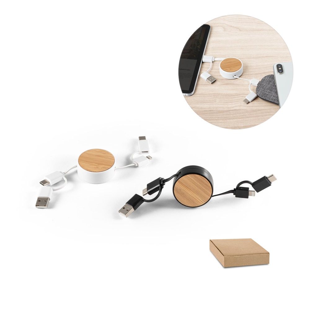 RUBINS. Cavo USB retrattile 6 in 1 in ABS riciclato (100% rABS) e bambù