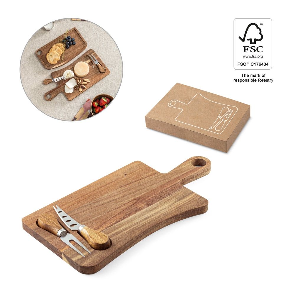 CASSIA. Tagliere per formaggi in legno di acacia con manico in cotone, realizzato con materiale certificato FSC™ e altri materiali controllati