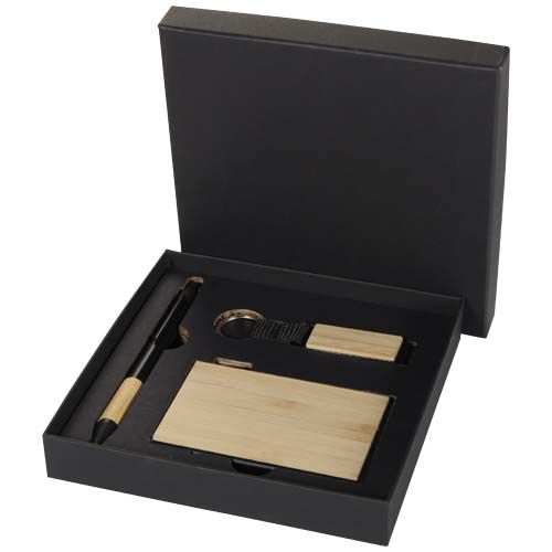 Set regalo con penna a sfera, portachiavi e portacarte RFID in alluminio riciclato certificato RCS Minka