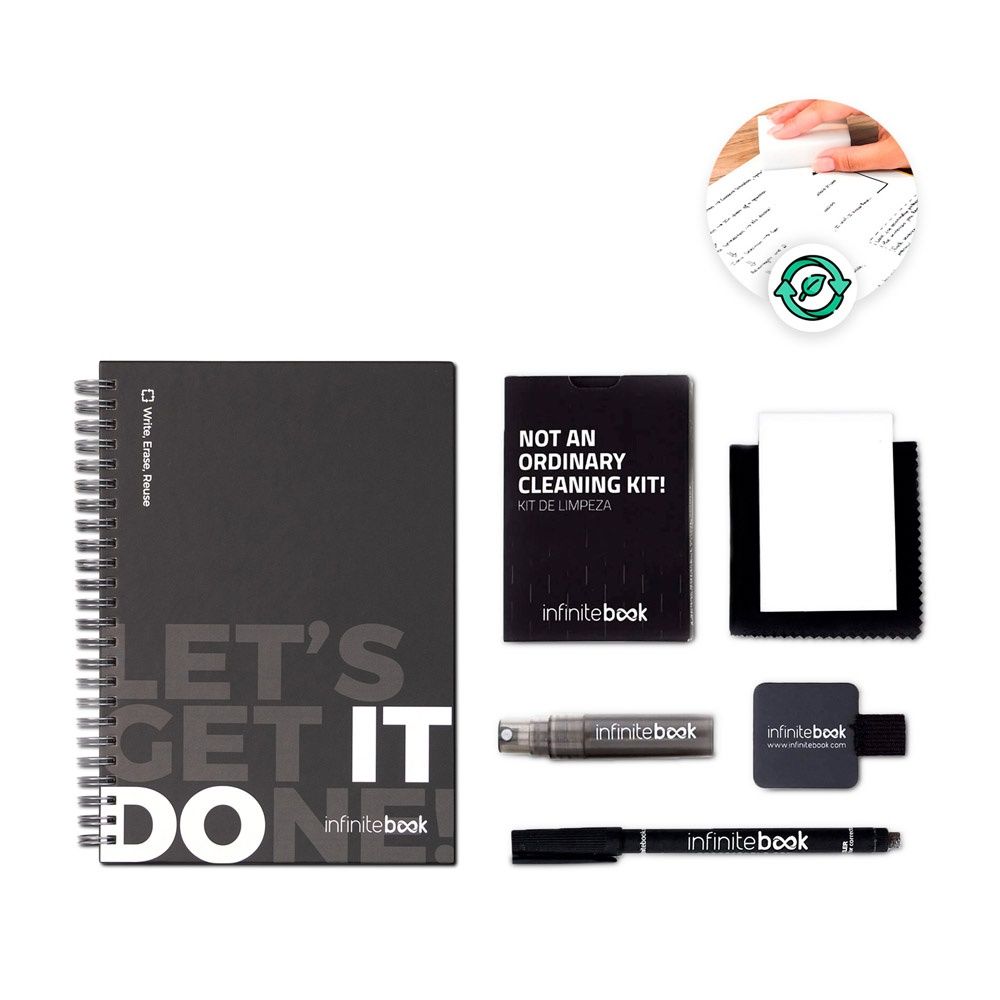 STARTER KIT INFINITEBOOK. Set composto da un "Infinitebook" con copertina rigida, 1 kit di pulizia, 1 pennarello e 1 porta pennarello