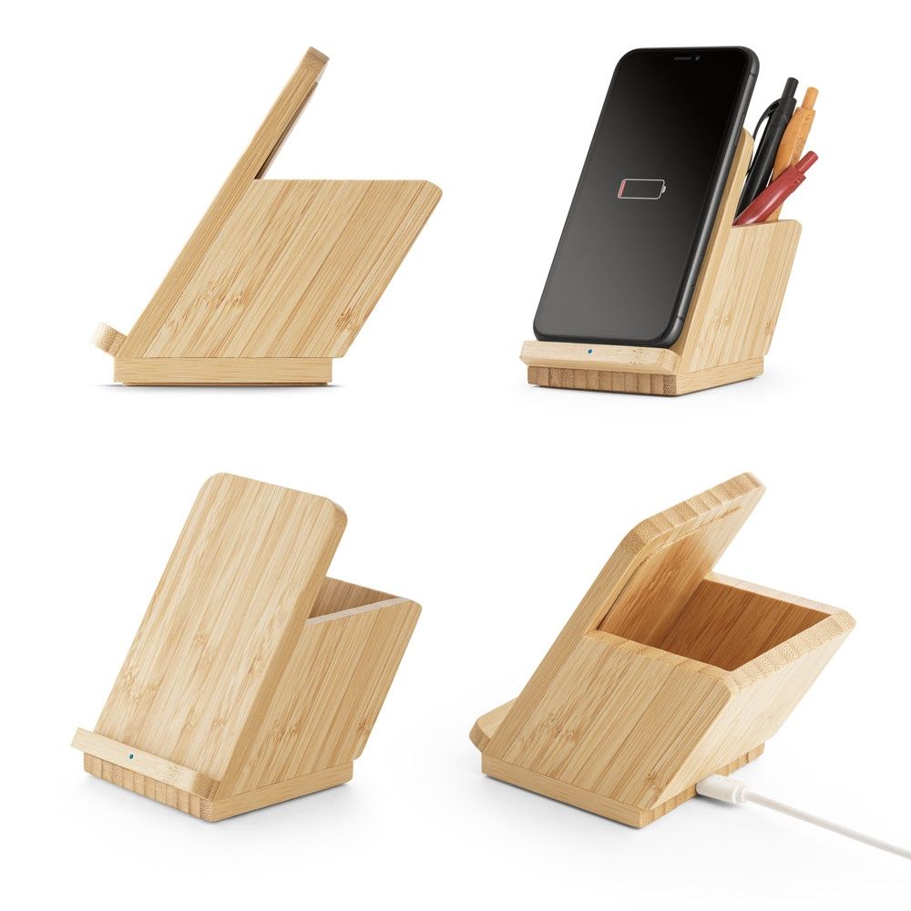 LEAVITT. Supporto per smartphone e porta biro con caricatore wireless veloce da 10W in bambù