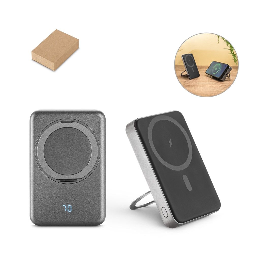 WARSHEL 10. Power bank magnetico da 10'000 mAh con caricatore wireless superveloce da 15W in ABS riciclato (100% rABS) con supporto
