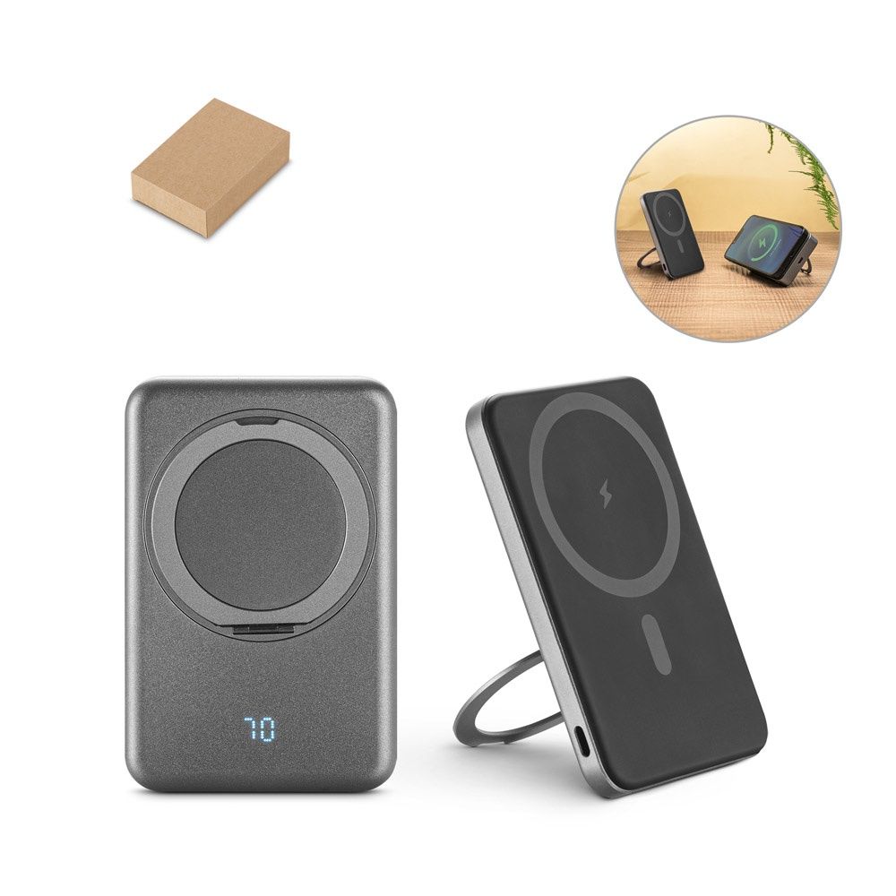 WARSHEL 5. Power bank magnetico da 5'000 mAh con caricatore wireless superveloce da 15W in ABS riciclato (100% rABS) con supporto