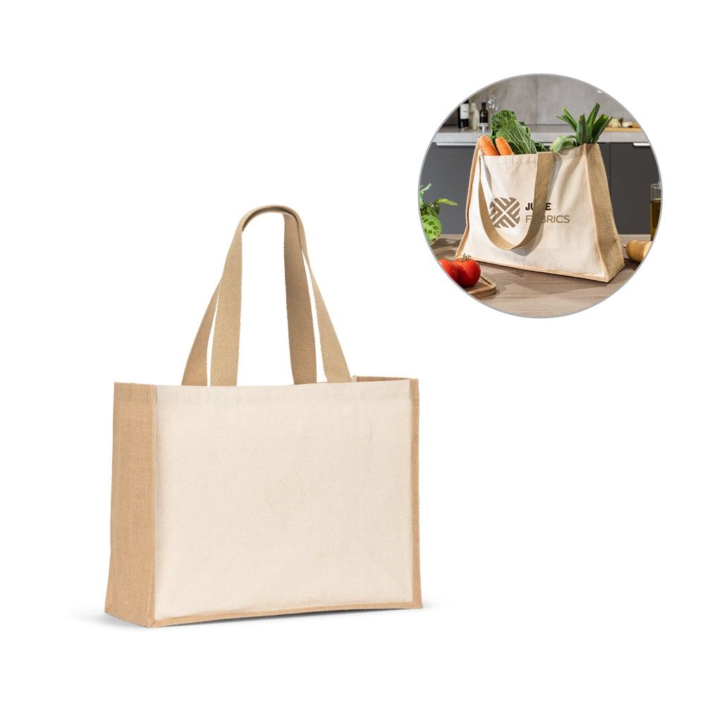 HELSINQUE. Borsa in tela (320 g/m²), con fondo e fianchi in iuta laminata (350 g/m²) nei toni naturali
