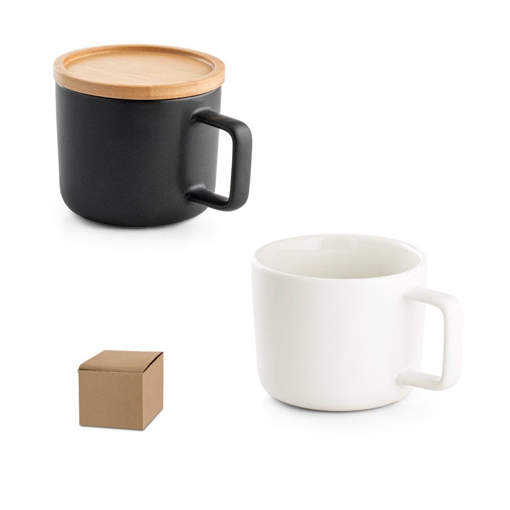 FANGIO. Tazza in ceramica da 230 mL con tappo e base in bambù